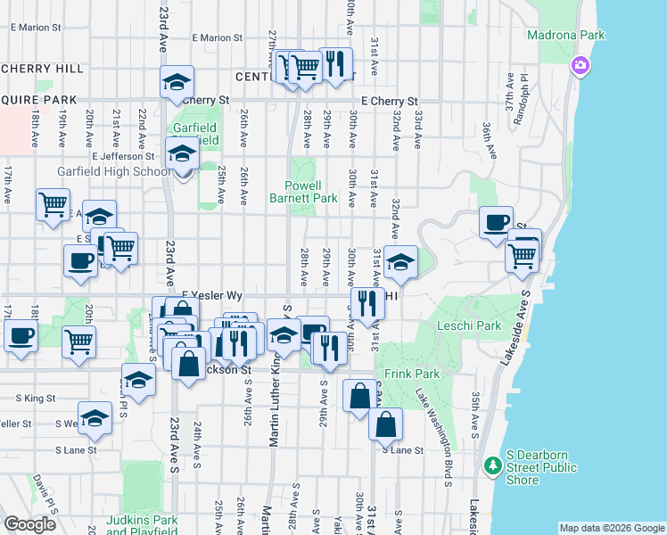 map of restaurants, bars, coffee shops, grocery stores, and more near 130 29th Avenue in Seattle