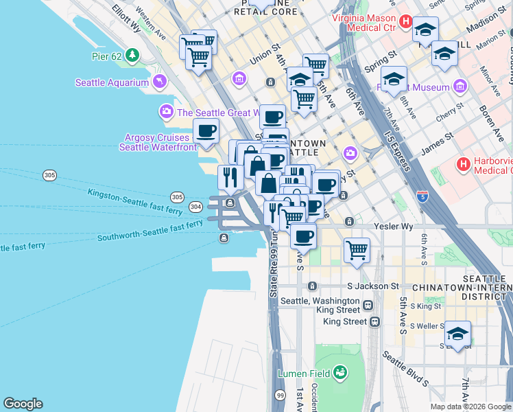 map of restaurants, bars, coffee shops, grocery stores, and more near 91 Alaskan Way Viaduct in Seattle