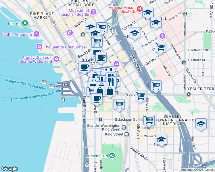 map of restaurants, bars, coffee shops, grocery stores, and more near 602 2nd Avenue in Seattle