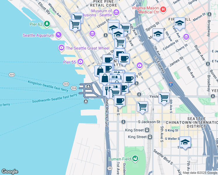 map of restaurants, bars, coffee shops, grocery stores, and more near 620 Western Avenue in Seattle