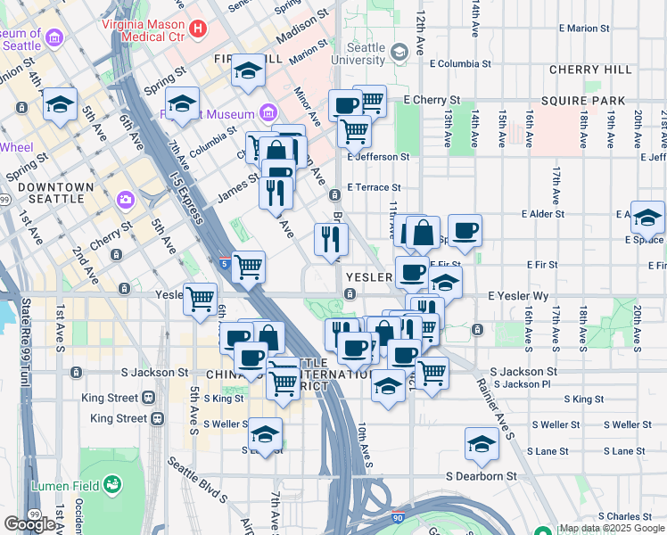 map of restaurants, bars, coffee shops, grocery stores, and more near 624 Broadway in Seattle