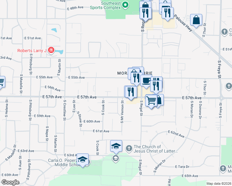map of restaurants, bars, coffee shops, grocery stores, and more near 2605 East 57th Avenue in Spokane