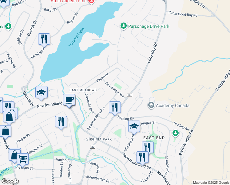 map of restaurants, bars, coffee shops, grocery stores, and more near 11 Cambridge Avenue in St. John's