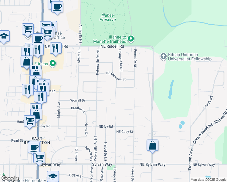 map of restaurants, bars, coffee shops, grocery stores, and more near 4101 Olympus Drive Northeast in Bremerton