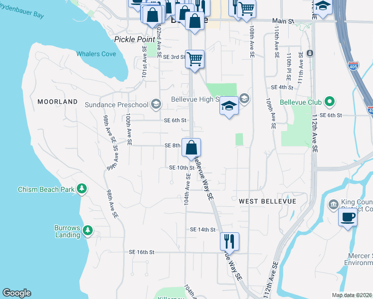 map of restaurants, bars, coffee shops, grocery stores, and more near 10351 Southeast 8th Street in Bellevue