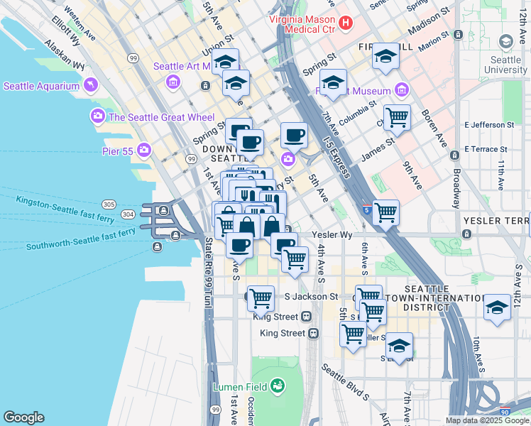 map of restaurants, bars, coffee shops, grocery stores, and more near 602 2nd Avenue in Seattle