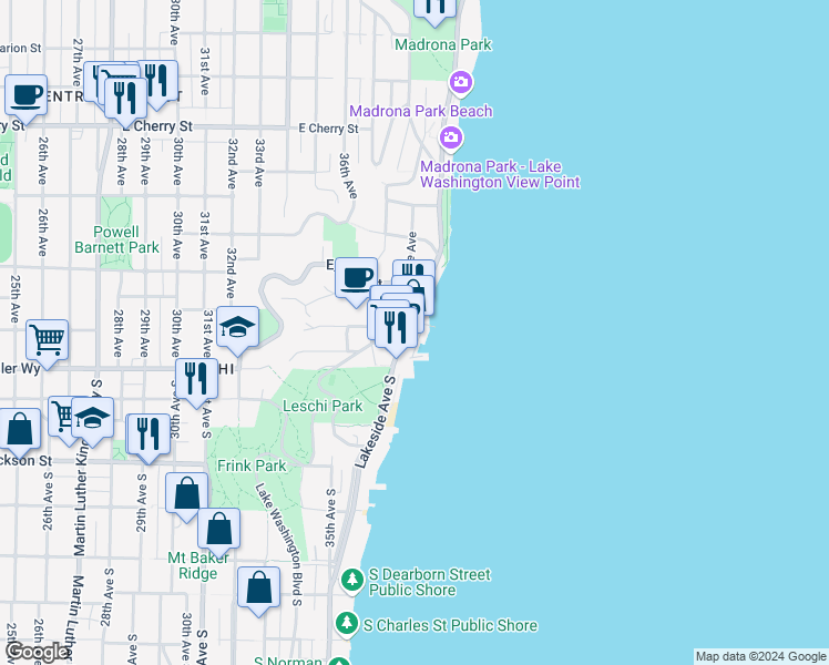 map of restaurants, bars, coffee shops, grocery stores, and more near 140 Lakeside Avenue in Seattle