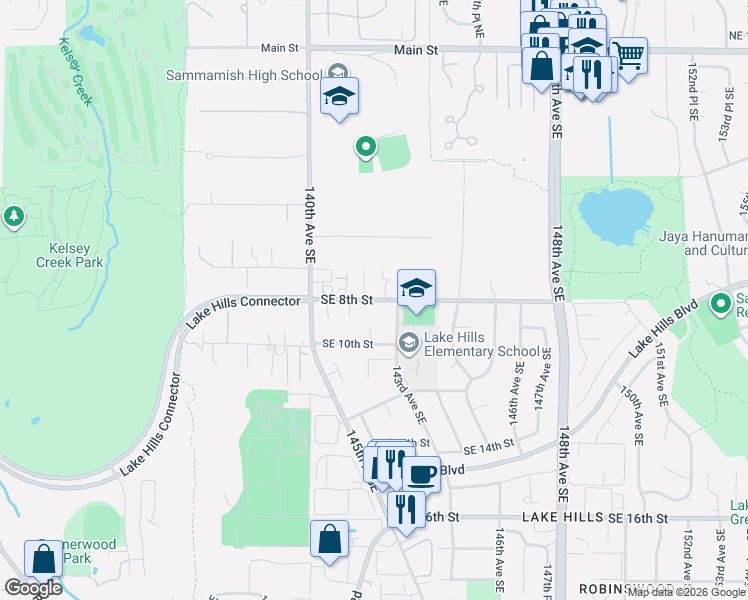 map of restaurants, bars, coffee shops, grocery stores, and more near 14201 Southeast 8th Street in Bellevue