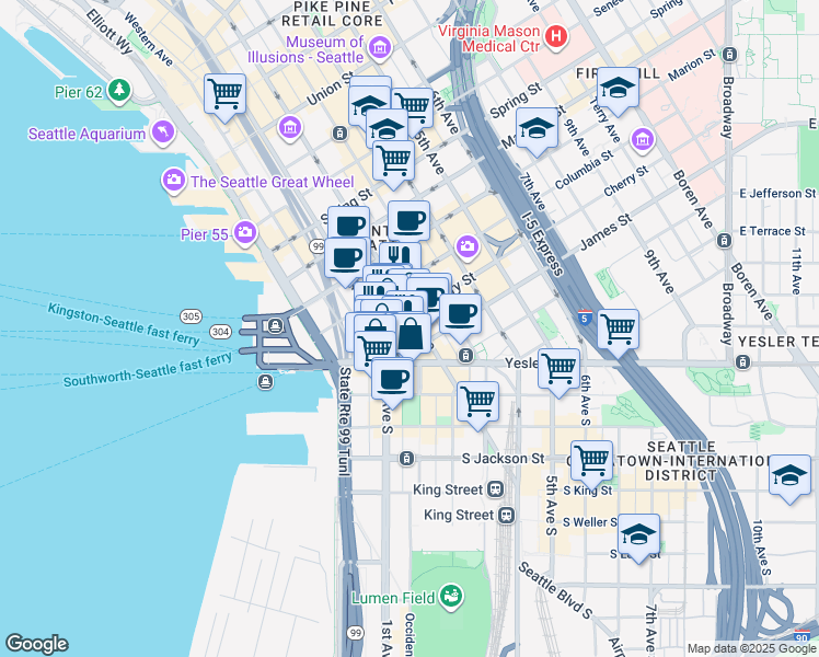 map of restaurants, bars, coffee shops, grocery stores, and more near 701 2nd Avenue in Seattle