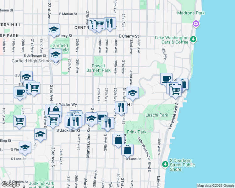 map of restaurants, bars, coffee shops, grocery stores, and more near 128 30th Avenue in Seattle