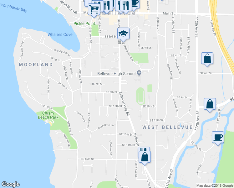 map of restaurants, bars, coffee shops, grocery stores, and more near 10351 Southeast 8th Street in Bellevue
