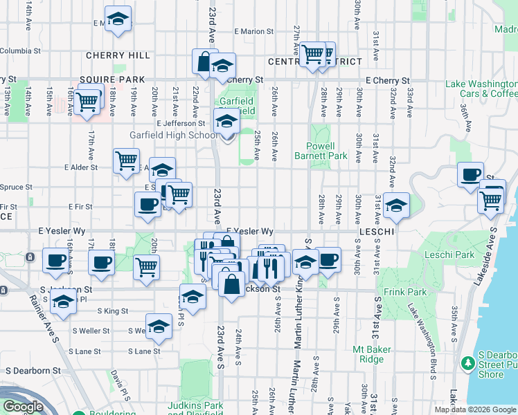 map of restaurants, bars, coffee shops, grocery stores, and more near 128 25th Avenue in Seattle