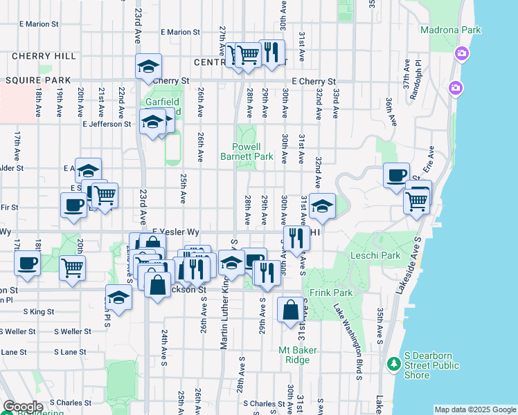 map of restaurants, bars, coffee shops, grocery stores, and more near 127 29th Avenue in Seattle