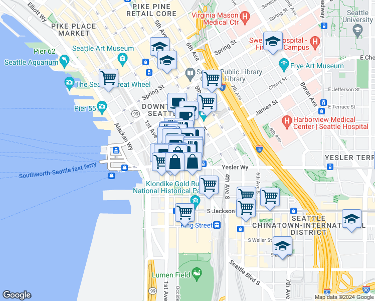 map of restaurants, bars, coffee shops, grocery stores, and more near 602 2nd Avenue in Seattle