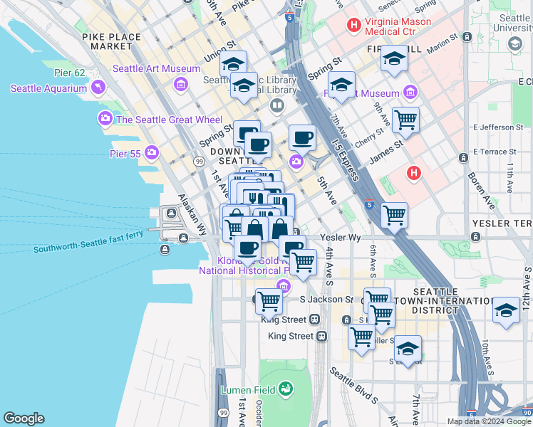 map of restaurants, bars, coffee shops, grocery stores, and more near 602 2nd Avenue in Seattle