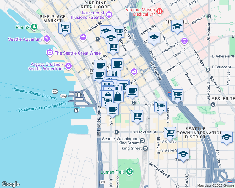map of restaurants, bars, coffee shops, grocery stores, and more near 615 2nd Avenue in Seattle
