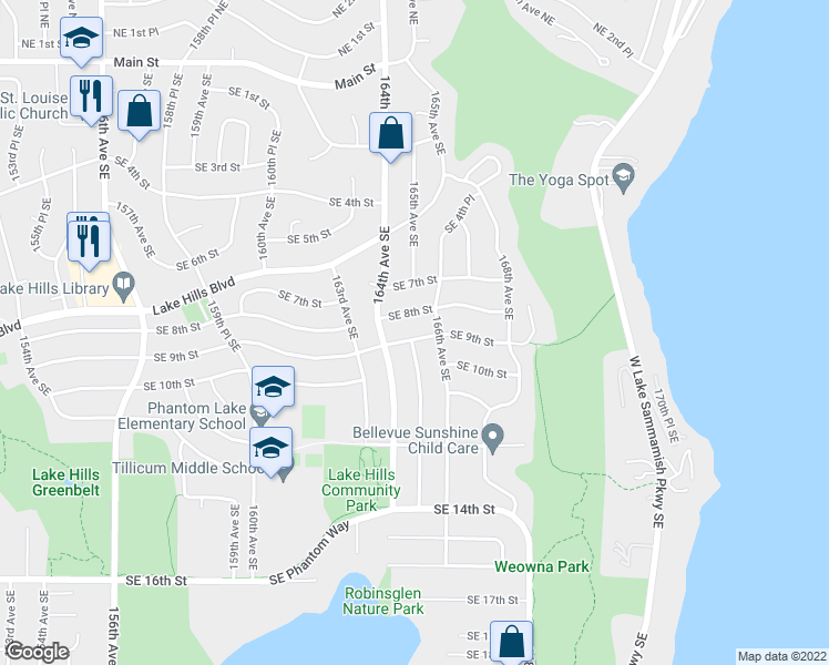 map of restaurants, bars, coffee shops, grocery stores, and more near 16426 Southeast 9th Street in Bellevue