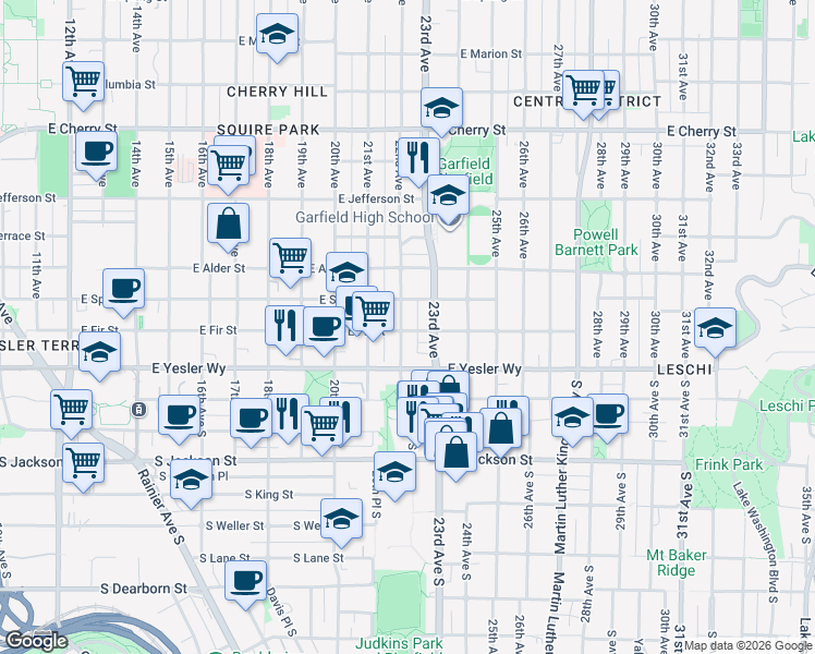 map of restaurants, bars, coffee shops, grocery stores, and more near 2204 East Fir Street in Seattle