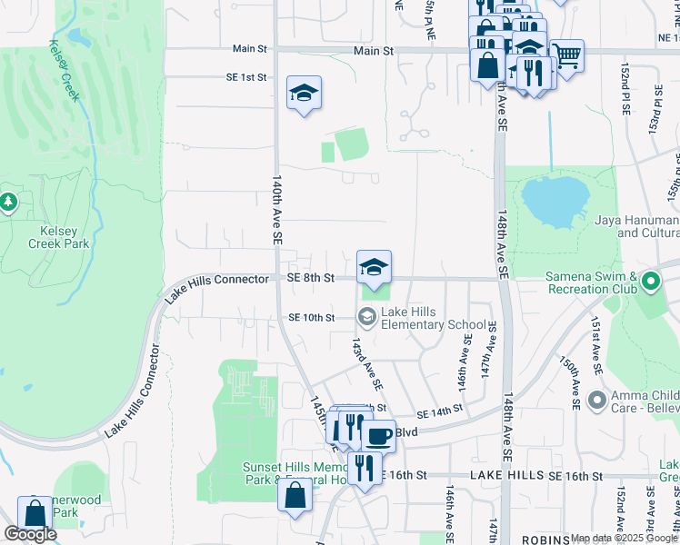map of restaurants, bars, coffee shops, grocery stores, and more near 14201 Southeast 8th Street in Bellevue