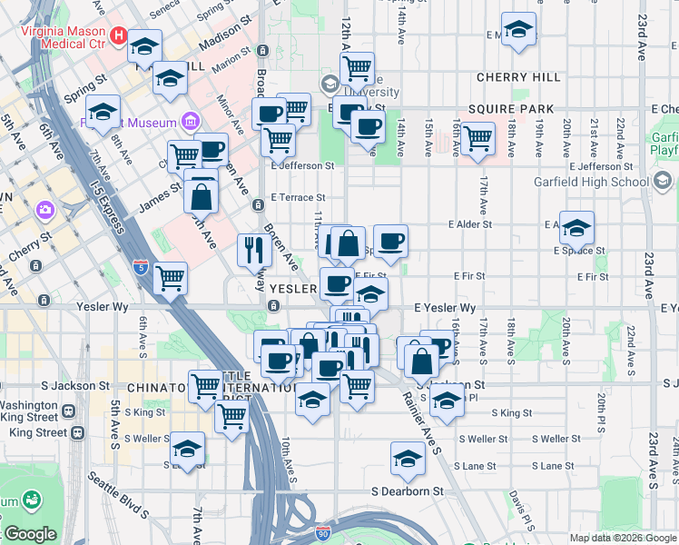 map of restaurants, bars, coffee shops, grocery stores, and more near in Seattle