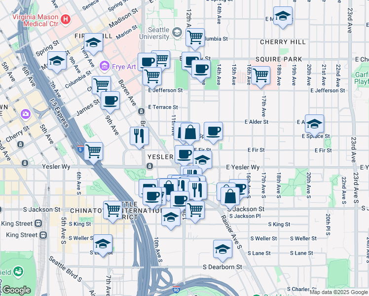 map of restaurants, bars, coffee shops, grocery stores, and more near in Seattle