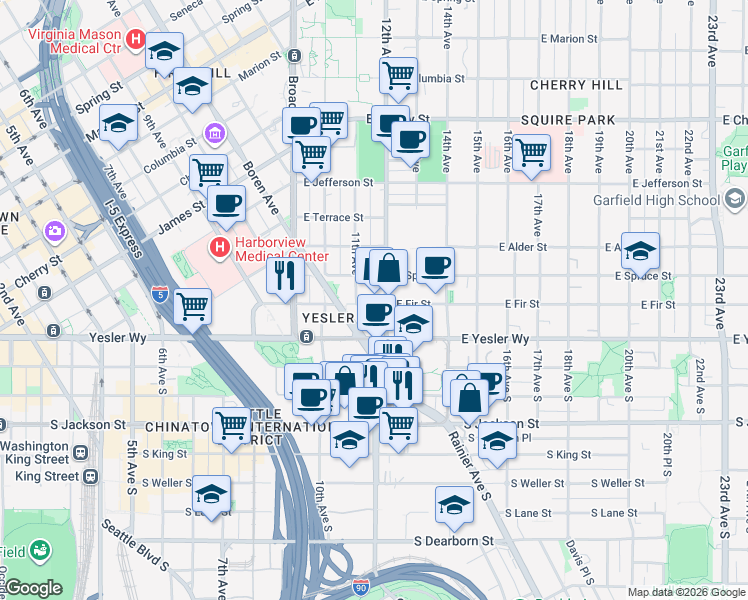map of restaurants, bars, coffee shops, grocery stores, and more near in Seattle