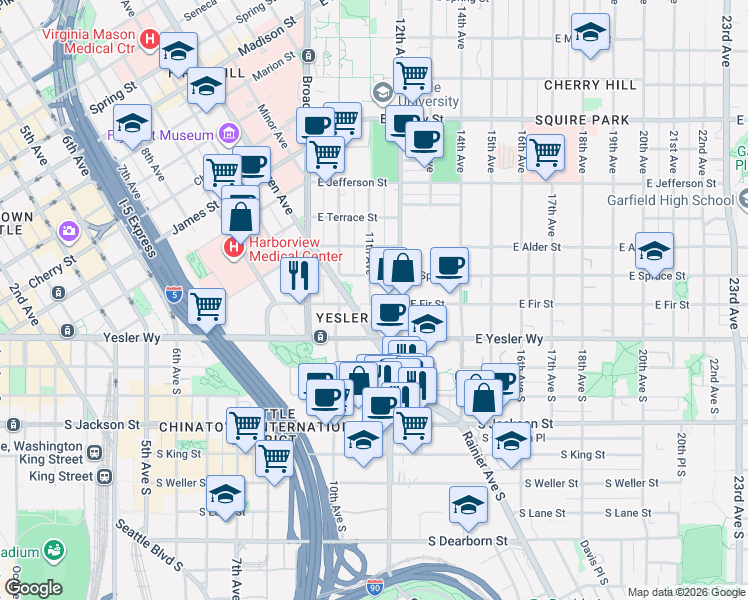 map of restaurants, bars, coffee shops, grocery stores, and more near in Seattle
