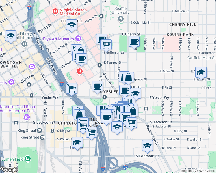 map of restaurants, bars, coffee shops, grocery stores, and more near in Seattle