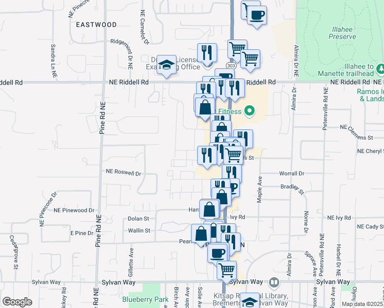 map of restaurants, bars, coffee shops, grocery stores, and more near 4173 Wheaton Way in Bremerton