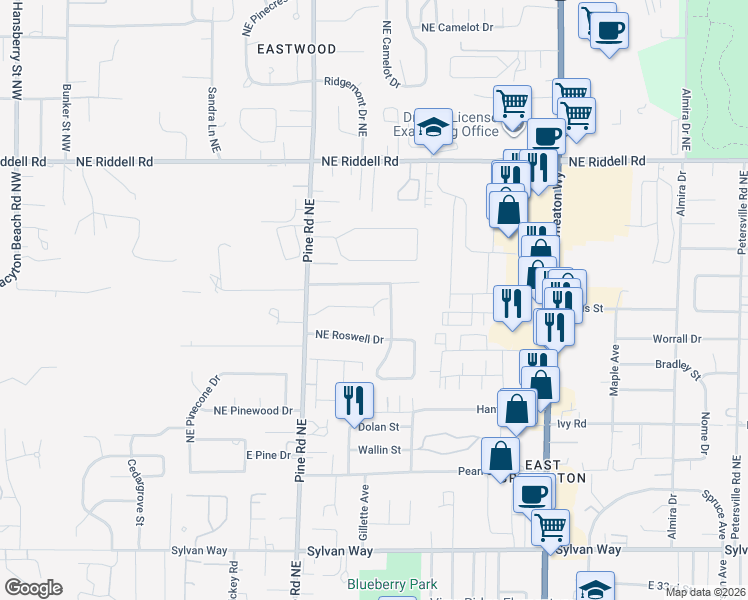 map of restaurants, bars, coffee shops, grocery stores, and more near 720 Northeast Flagstone Lane in Bremerton