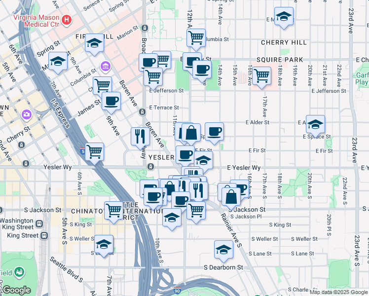 map of restaurants, bars, coffee shops, grocery stores, and more near 151 12th Avenue in Seattle