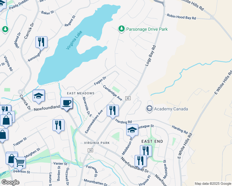 map of restaurants, bars, coffee shops, grocery stores, and more near 14 Cambridge Avenue in St. John's