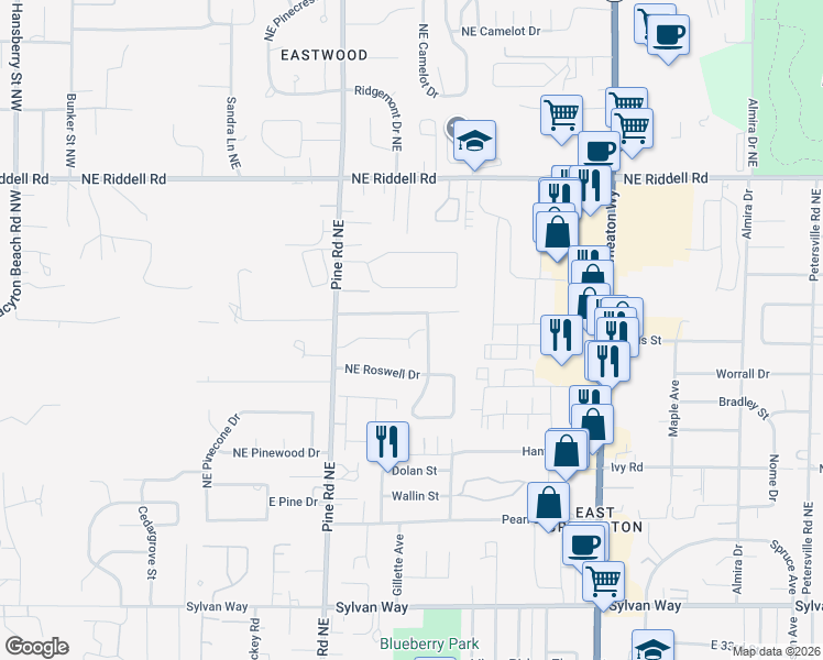 map of restaurants, bars, coffee shops, grocery stores, and more near 726 Northeast Flagstone Lane in Bremerton