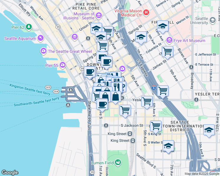 map of restaurants, bars, coffee shops, grocery stores, and more near 612 2nd Avenue in Seattle