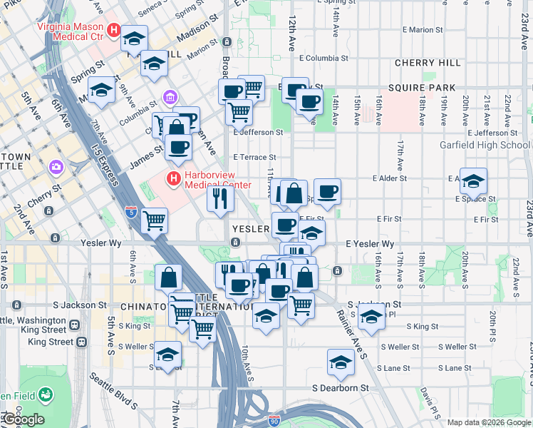 map of restaurants, bars, coffee shops, grocery stores, and more near in Seattle