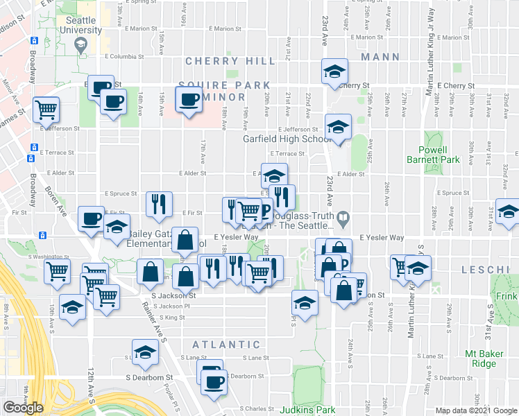 map of restaurants, bars, coffee shops, grocery stores, and more near 1905 East Fir Street in Seattle