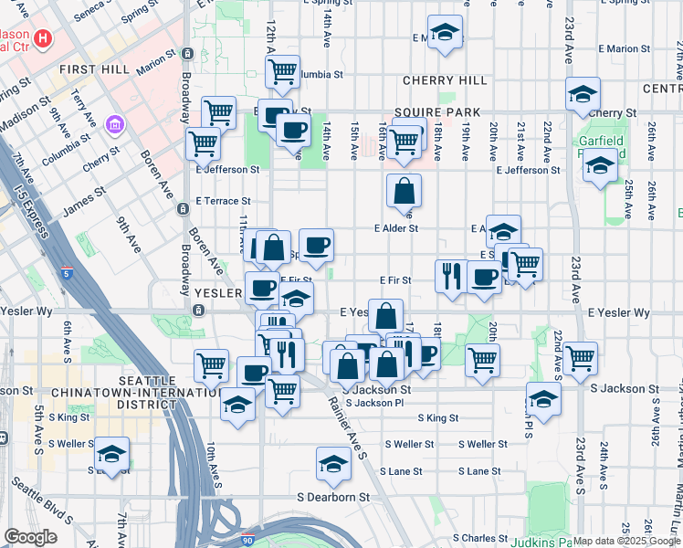 map of restaurants, bars, coffee shops, grocery stores, and more near 125 15th Avenue in Seattle