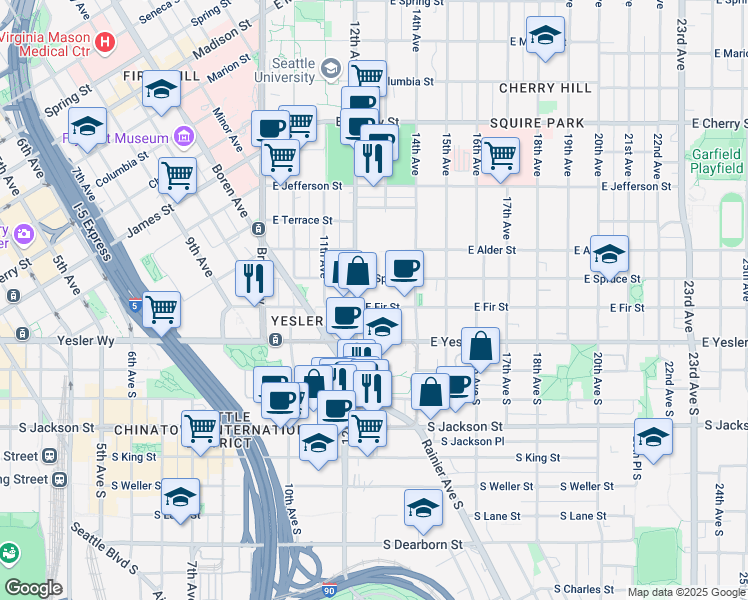 map of restaurants, bars, coffee shops, grocery stores, and more near 1215 East Fir Street in Seattle