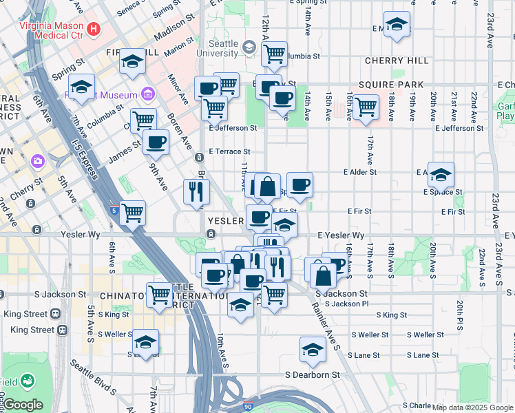 map of restaurants, bars, coffee shops, grocery stores, and more near in Seattle