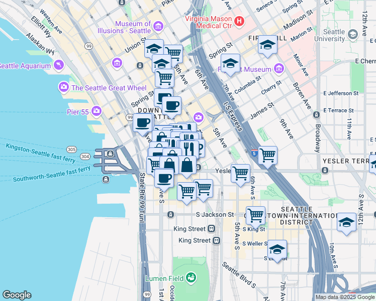 map of restaurants, bars, coffee shops, grocery stores, and more near 602 2nd Avenue in Seattle