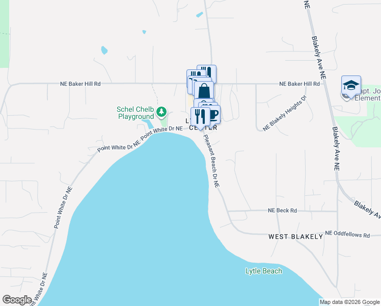 map of restaurants, bars, coffee shops, grocery stores, and more near 4566 Point White Drive Northeast in Bainbridge Island