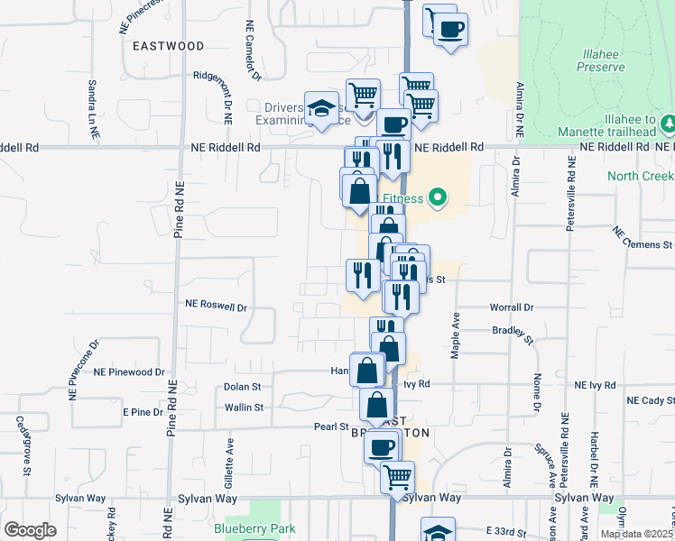 map of restaurants, bars, coffee shops, grocery stores, and more near 4173 Wheaton Way in Bremerton