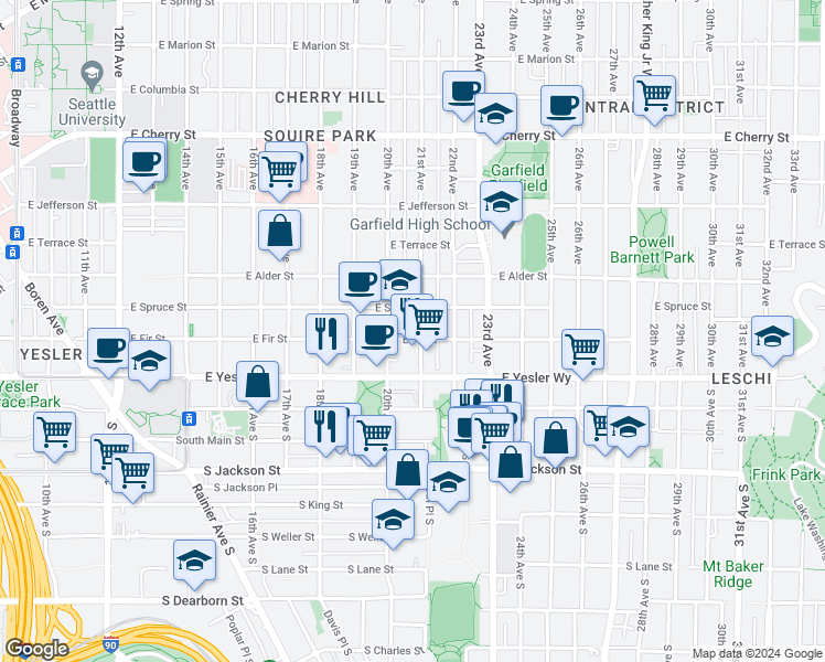 map of restaurants, bars, coffee shops, grocery stores, and more near 155 21st Avenue in Seattle
