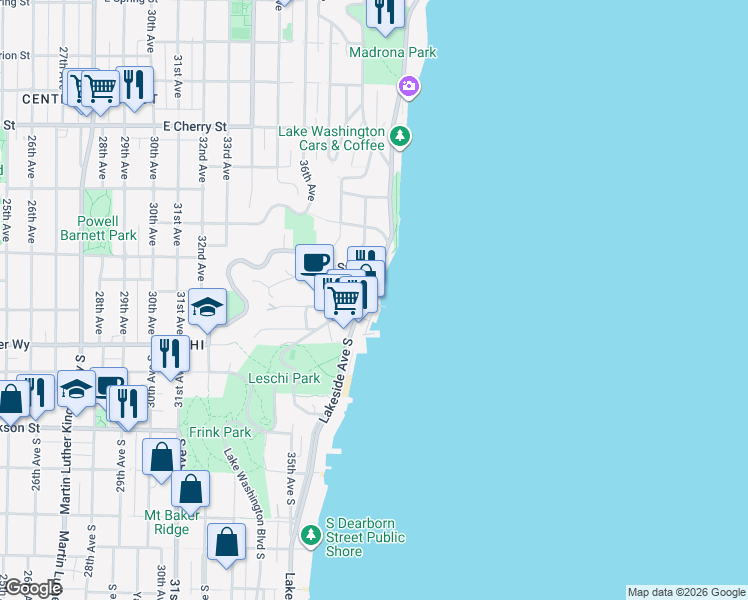 map of restaurants, bars, coffee shops, grocery stores, and more near 200 Lake Washington Boulevard in Seattle