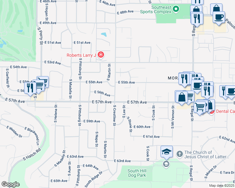 map of restaurants, bars, coffee shops, grocery stores, and more near 5605 South Crestline Street in Spokane