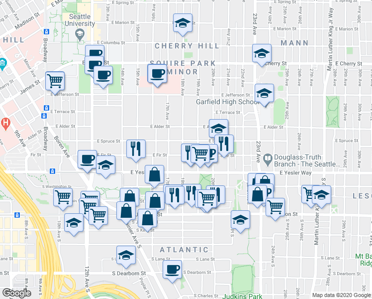 map of restaurants, bars, coffee shops, grocery stores, and more near 128 18th Avenue in Seattle