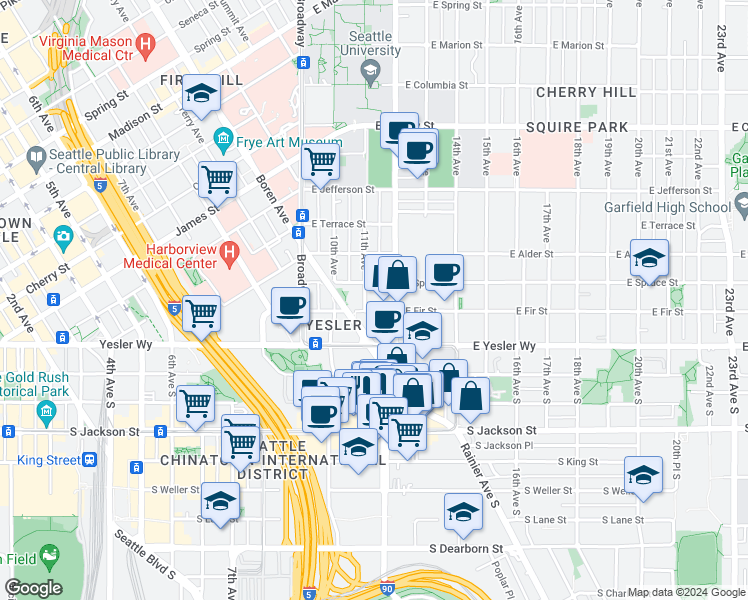 map of restaurants, bars, coffee shops, grocery stores, and more near in Seattle