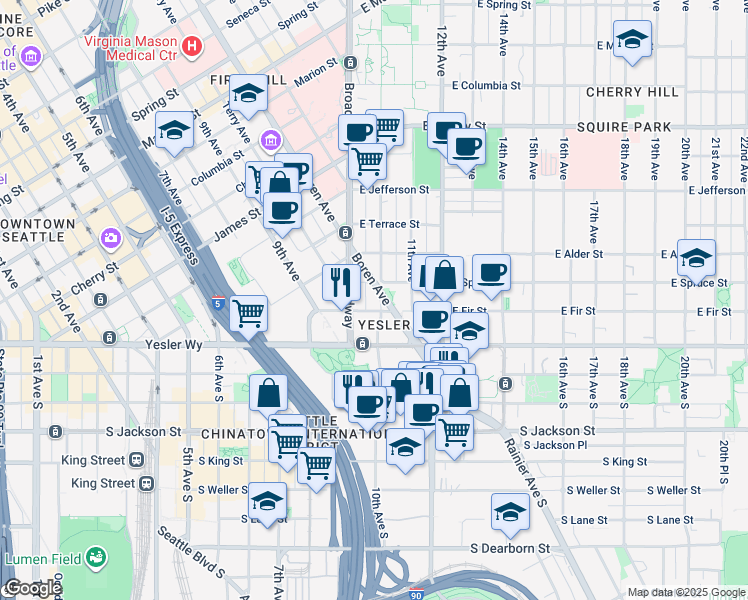 map of restaurants, bars, coffee shops, grocery stores, and more near in Seattle