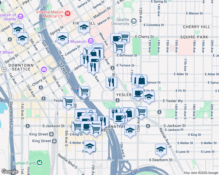 map of restaurants, bars, coffee shops, grocery stores, and more near 120 8th Avenue in Seattle