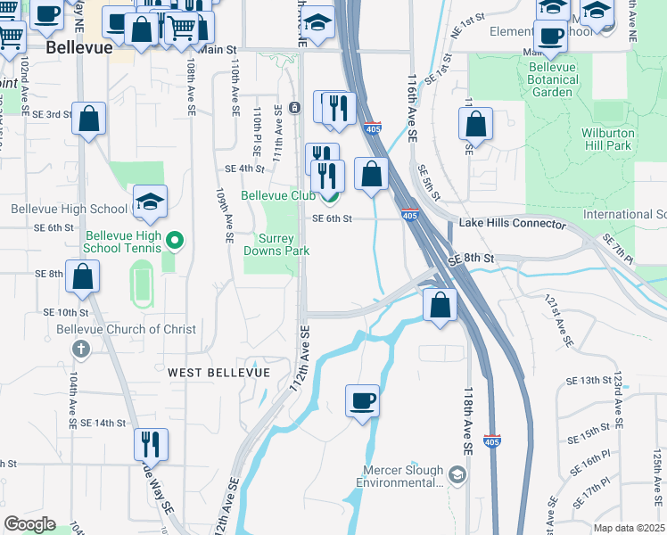 map of restaurants, bars, coffee shops, grocery stores, and more near 11245 Southeast 6th Street in Bellevue